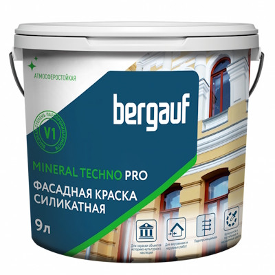 Bergauf Mineral Techno PRO краска силикатная для фасадных работ база A, 9 л